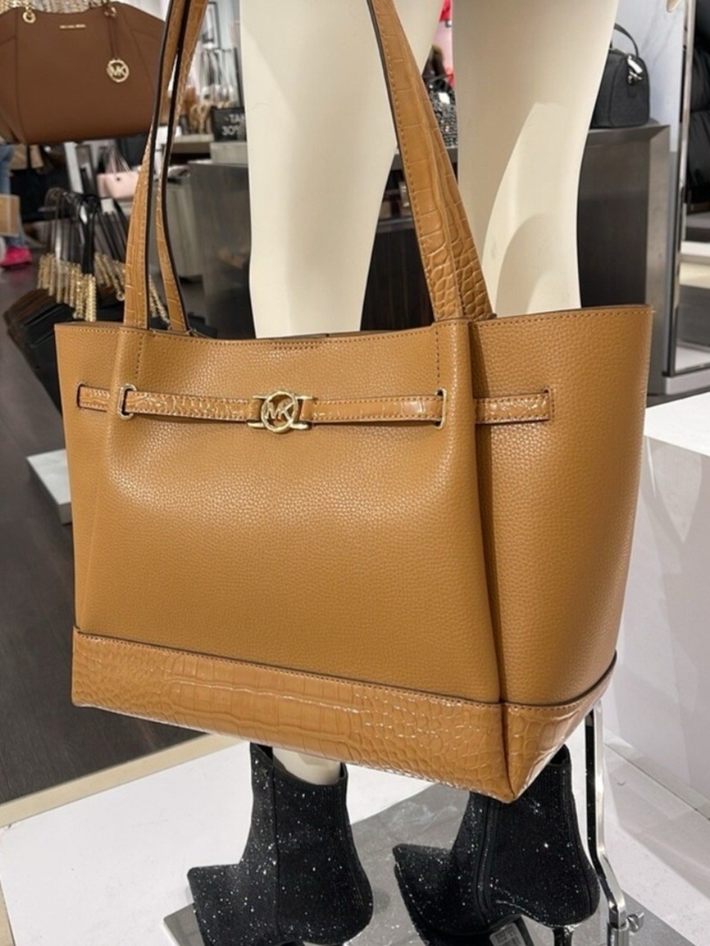 Michael Kors Lg Reed Tan Leather Tote with Croc Trim